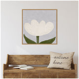 Framed canvas print of a simple white tulip with green leaves on a light gray background, hanging above a rustic wooden bench with a 'welcome home' pillow and an open book.