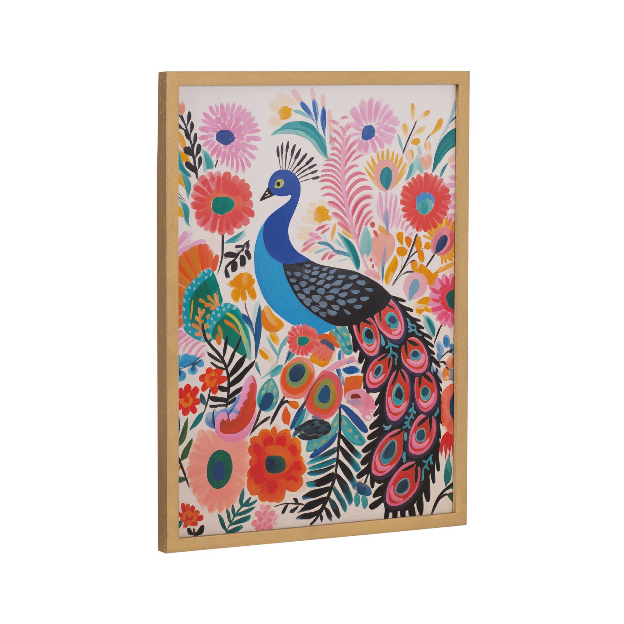 Framed print of a bright colorful boho peacock and botanicals artwork by The Creative Bunch Studio
