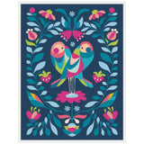 Stylized symmetrical artwork featuring two colorful birds facing each other, surrounded by pink, blue, and green floral elements on a dark blue background.
