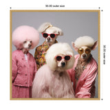 Four dogs dressed in pink and floral outfits with styled white fur and sunglasses, posed against a plain gray backdrop in a square frame.