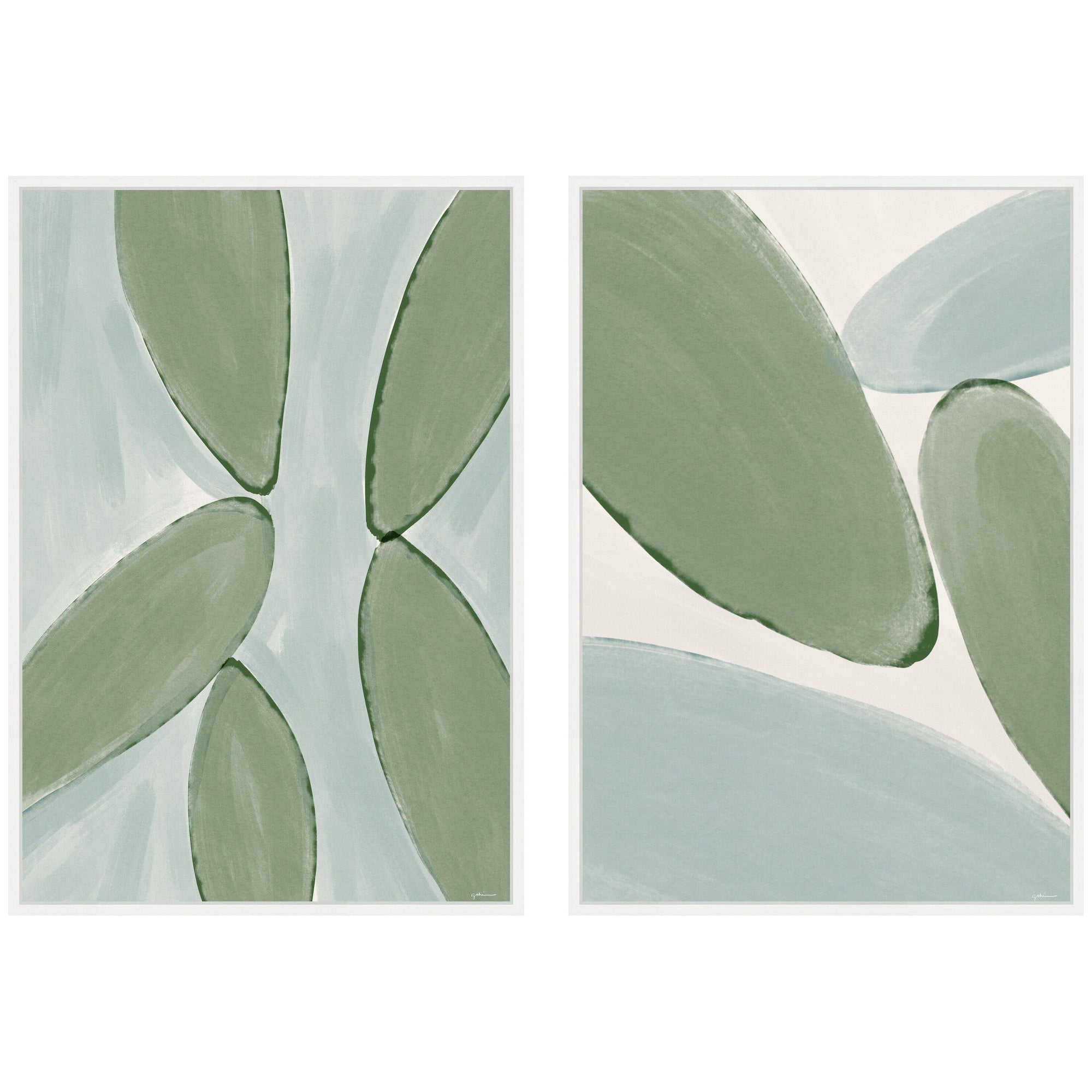 Natural Forms 01 & 02 two-piece framed canvas wall art set by Gabrielly Guedes showing organic shapes in white and dark gold frames
