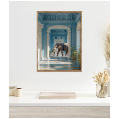 Elephant Strolling Through the Blue Wing by Michael Schauer Framed Canvas Wall Art Print