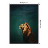Portrait of a lion looking upward against a deep tonal blue and teal green abstract background, framed with subtle dark detailing.