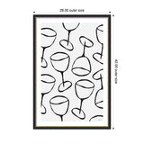 Black and white framed print featuring a pattern of simple, stylized wine glass outlines in varying orientations, titled Wine Everywhere by Gabrielly Guedes.