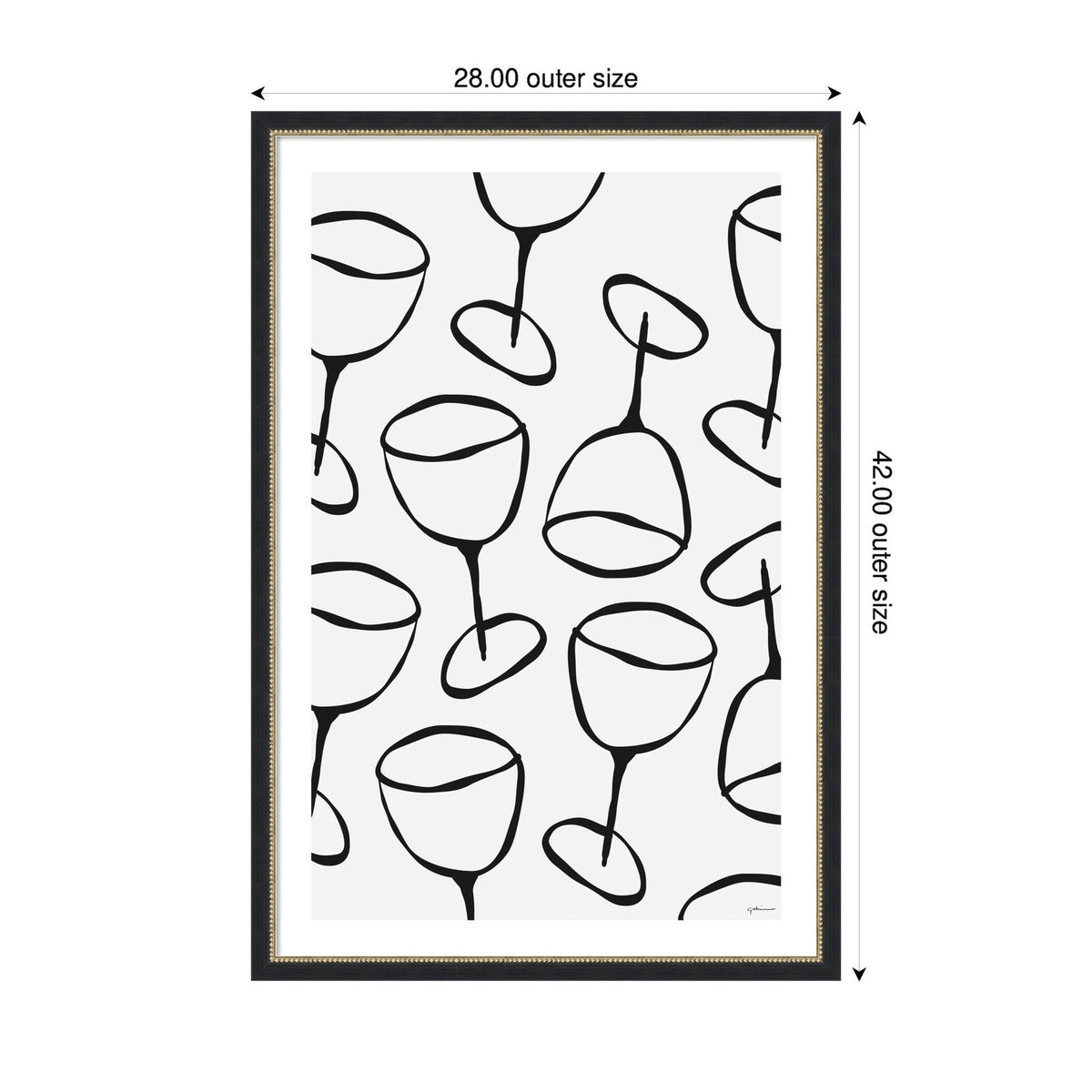 Black and white framed print featuring a pattern of simple, stylized wine glass outlines in varying orientations, titled Wine Everywhere by Gabrielly Guedes.