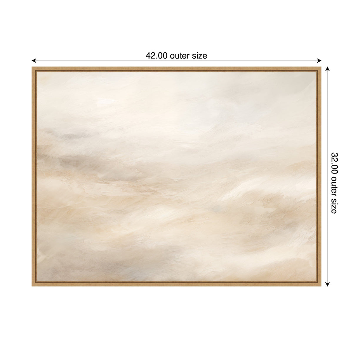 Abstract tonal canvas featuring soft white and beige textures with subtle swirling patterns in a light wood frame, sized 42 by 32 inches.