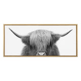 Front view of a highland cow with long shaggy hair covering its eyes and wide horns extending sideways, framed in light wood on a white background.