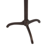 Close-up of a three-legged metal table base with a dark brown textured finish and curved feet on a white background.