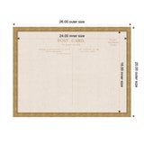 Rectangular linen fabric pinboard with vintage postcard print, framed in a textured golden-brown frame, showing outer and inner size dimensions.