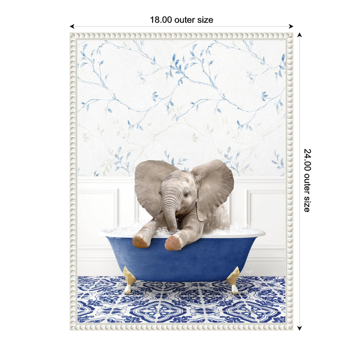 A baby elephant sitting playfully in a deep blue clawfoot bathtub on patterned blue and white tiled floor, with delicate blue floral wallpaper in the background.