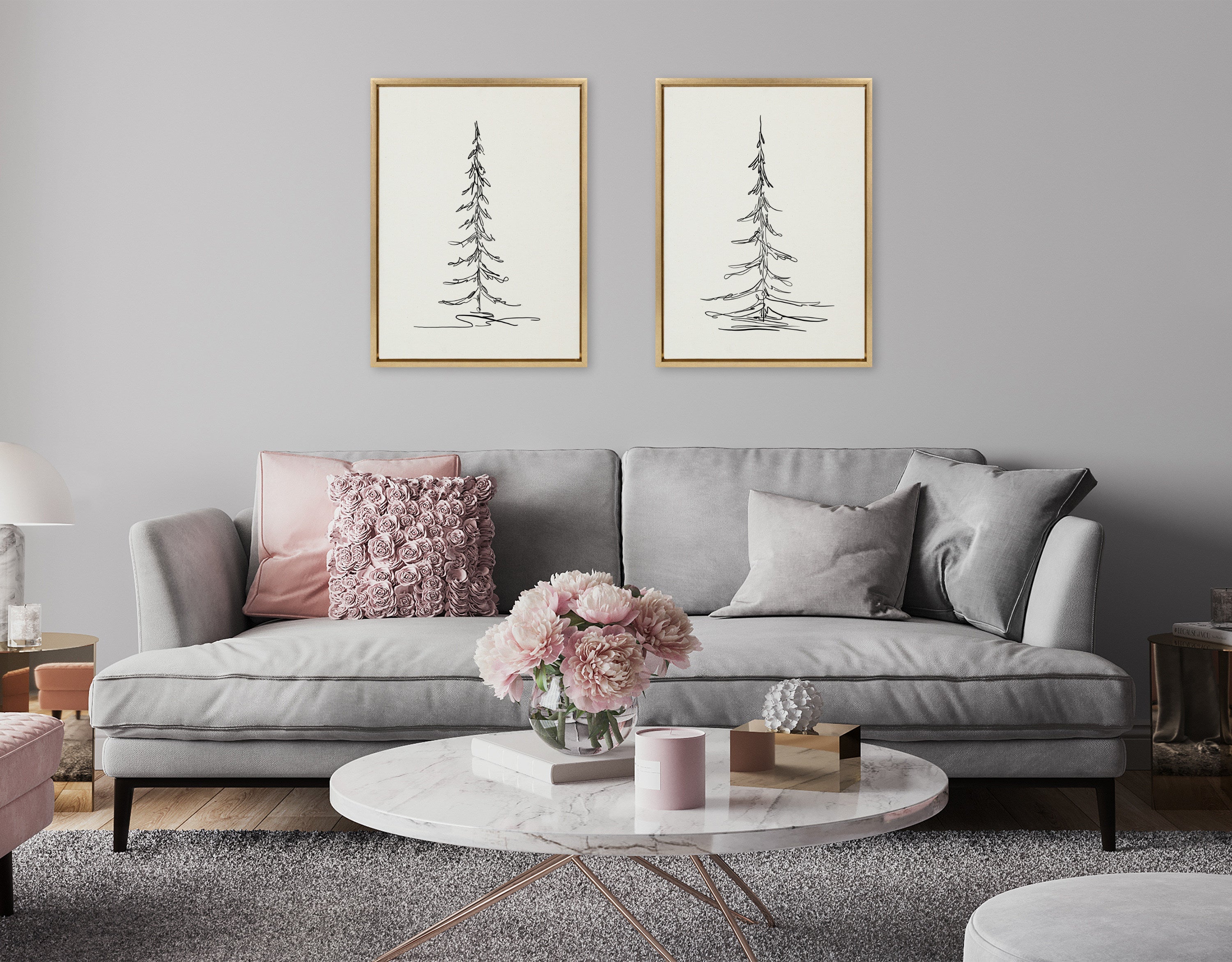 Sylvie Minimalist Evergreen Trees Sketch Framed Canvas Art Set by The Creative Bunch Studio