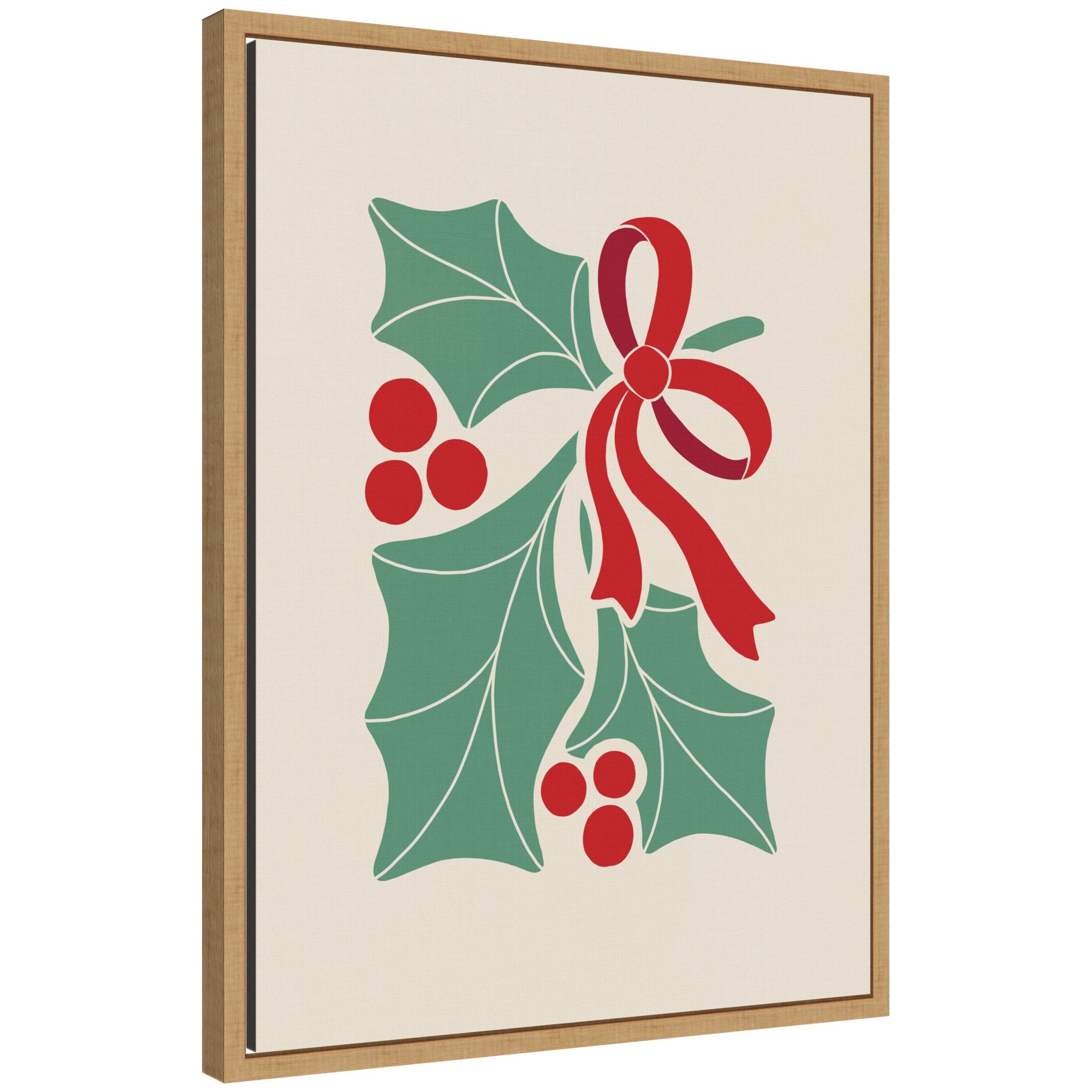 Framed canvas artwork showing stylized holly leaves, berries, and ribbon in red and green festive colors.