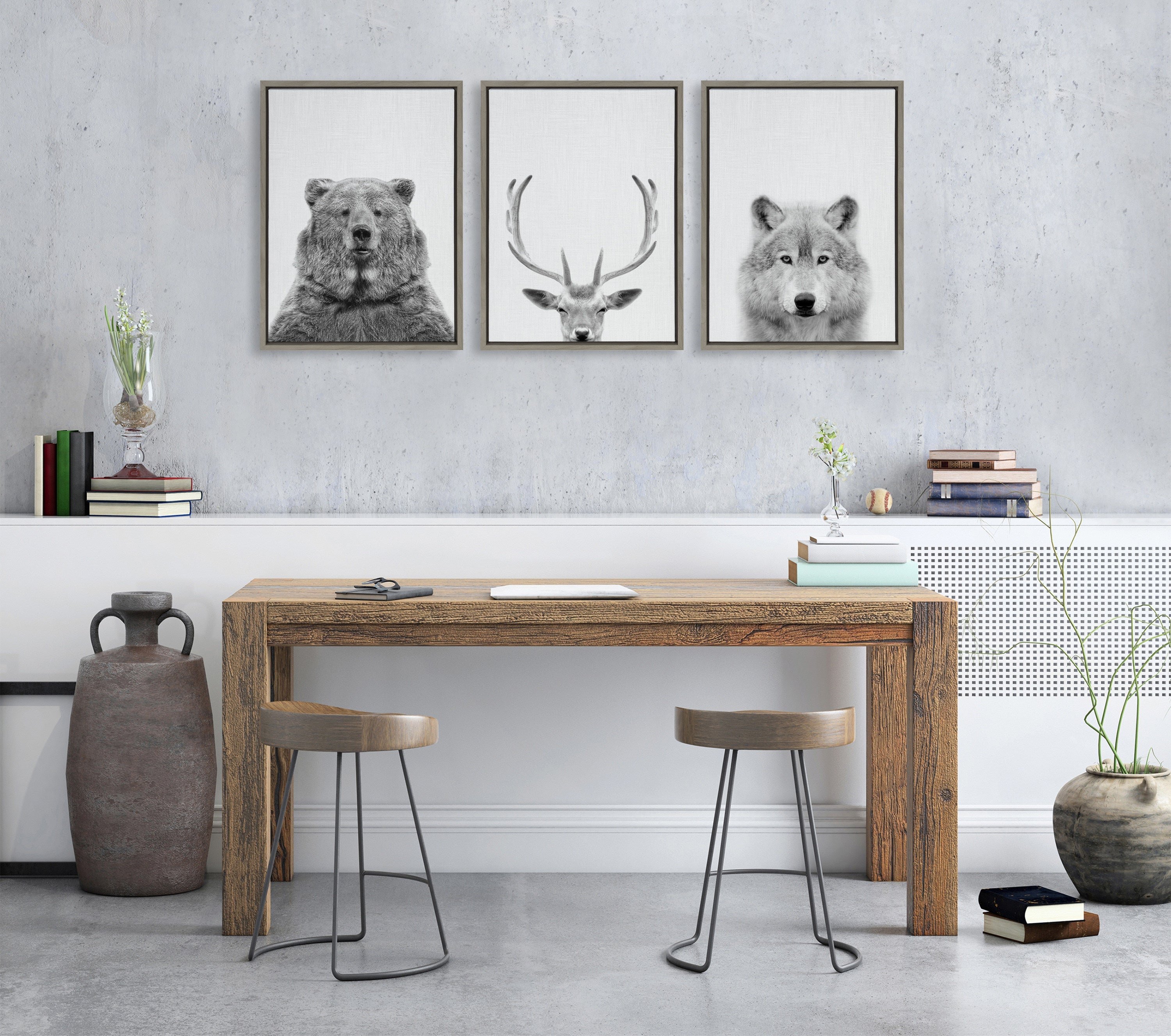 Sylvie Bear Deer and Wolf Framed Canvas Art Set by Simon Te of Tai Prints