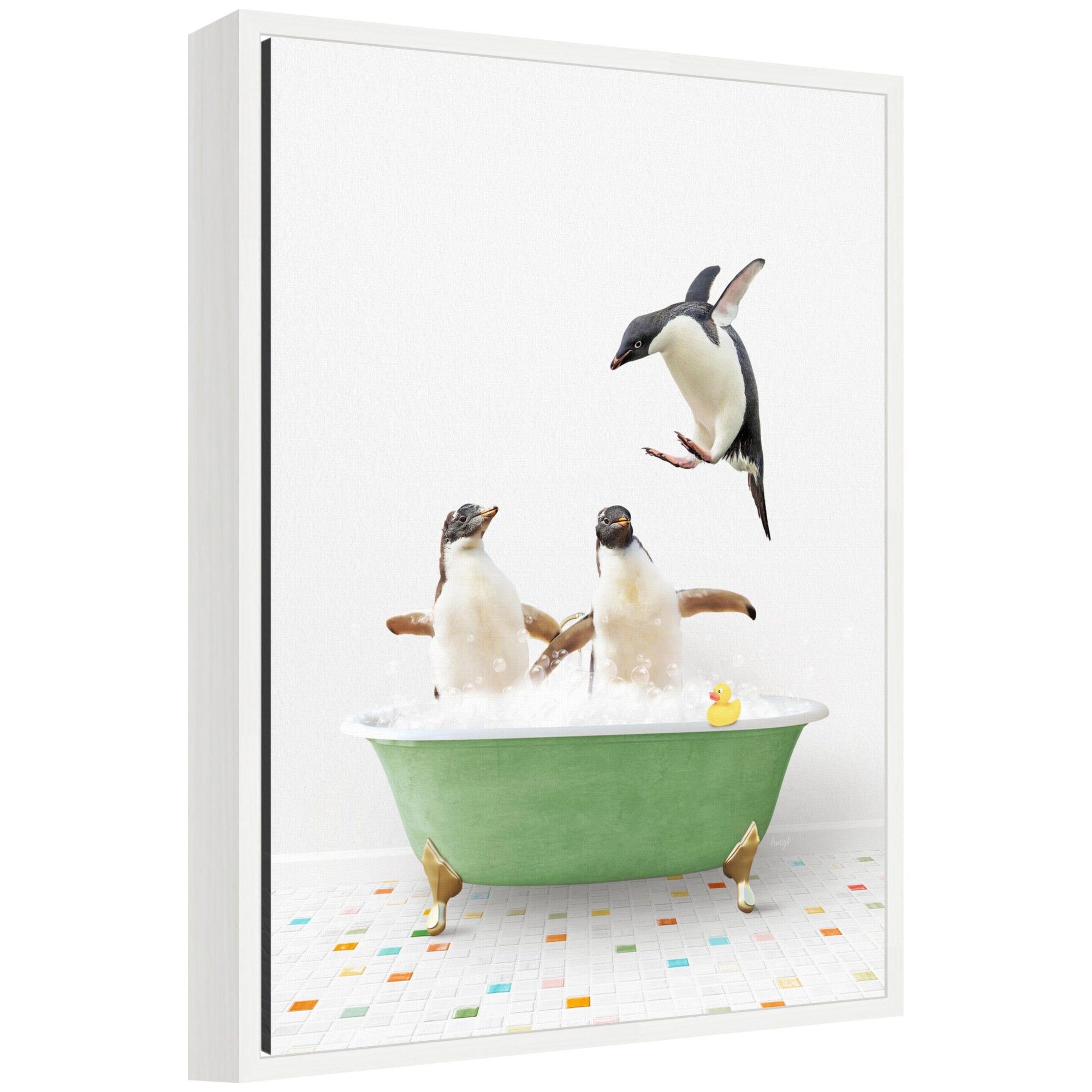 Framed canvas art showing penguins in a green bathtub on colored tile background by Amy Peterson