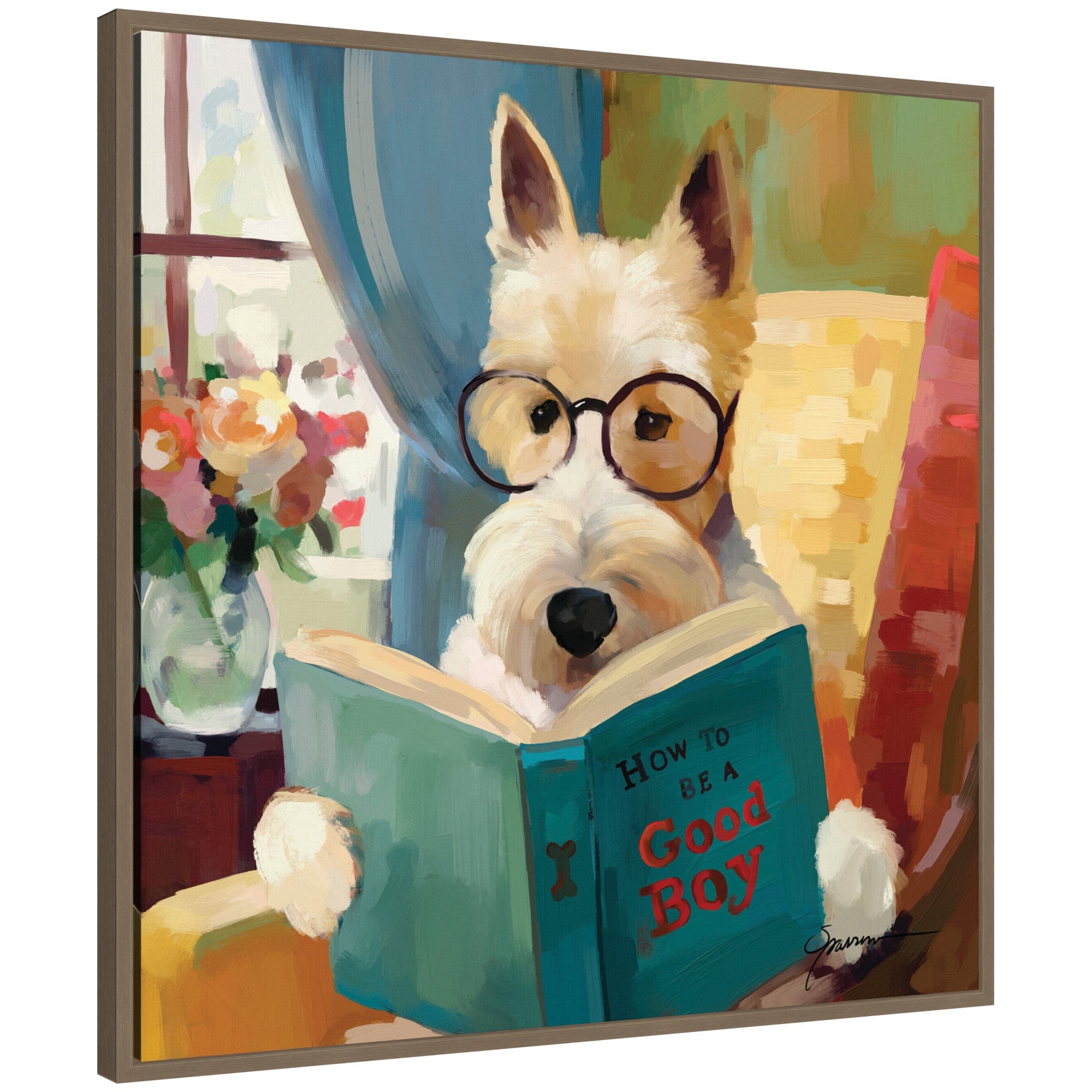 Framed canvas art titled 'How to be a Good Boy' featuring animal illustration by Mary Sparrow