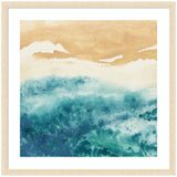 Abstract watercolor depicting a sandy beige upper area blending into a textured mix of blue and teal hues below, framed in light wood with white matting.