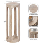 Tall, round side table in whitewashed solid mango wood with an open arched design supporting the circular top and base, measuring 8 inches wide and 23 inches high.