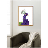 Framed canvas wall art of a purple peacock with a flower-like crest, hung above a dark gray upholstered chair with a cream knitted blanket draped on one side.
