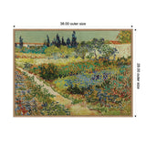 Colorful impressionist garden scene with lush green trees, purple flowers, and a light pathway beneath a warm sky, framed with a thin beige border.