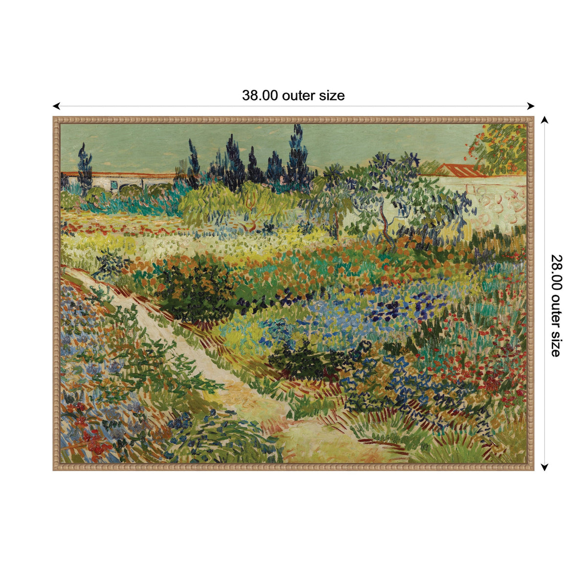 Colorful impressionist garden scene with lush green trees, purple flowers, and a light pathway beneath a warm sky, framed with a thin beige border.