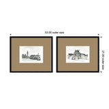 Two framed vintage-style black and white sketches of London and Paris landmarks, each with a wide brown mat and black frame, displayed side by side.