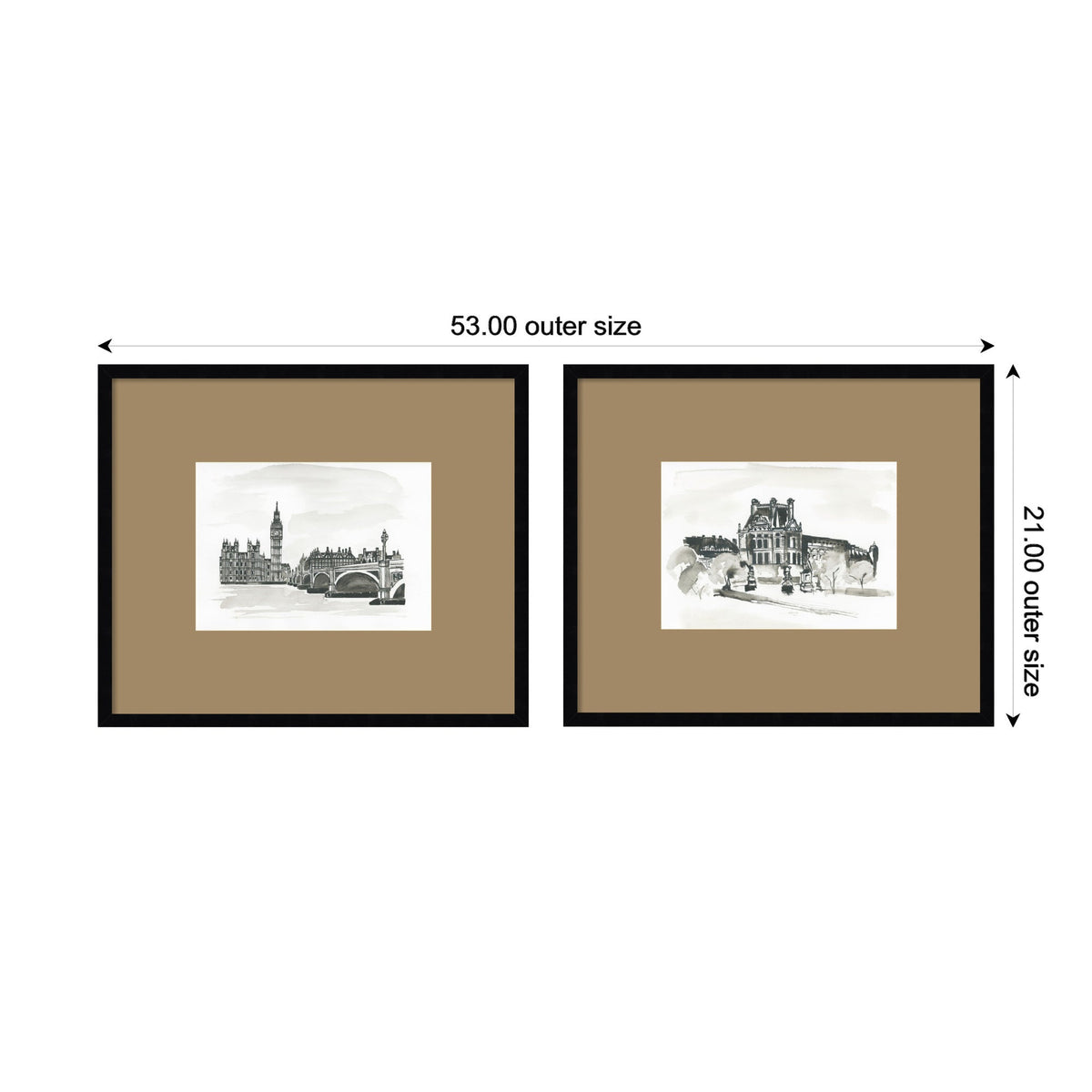 Two framed vintage-style black and white sketches of London and Paris landmarks, each with a wide brown mat and black frame, displayed side by side.