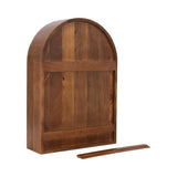 Arched wall shelf crafted from rich brown wood with a smooth finish, featuring a removable slim wooden front bar placed in front.
