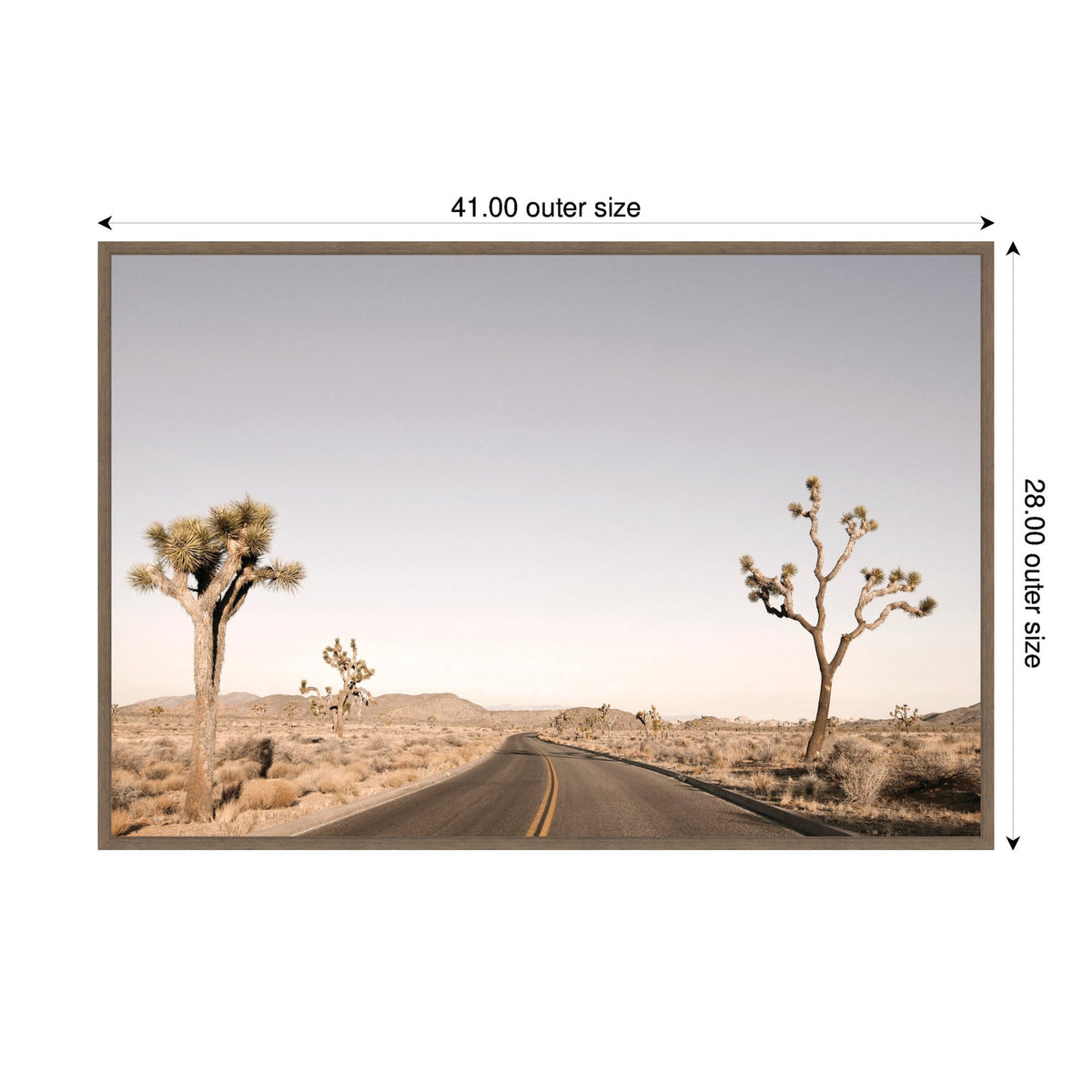 Two Joshua trees standing on either side of a deserted two-lane road stretching into a sparse desert landscape under a clear sky, framed with measurements 41 by 28 inches.