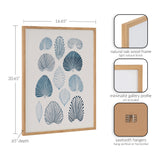 Wall art with twelve different blue coral shapes arranged in a grid within a natural oak wood frame, shown with minimalist gallery profile and sawtooth hangers.