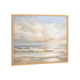 Framed seascape painting depicting soft ocean waves under a cloudy sky with warm sunset tones, blending blues, beiges, and light grays.