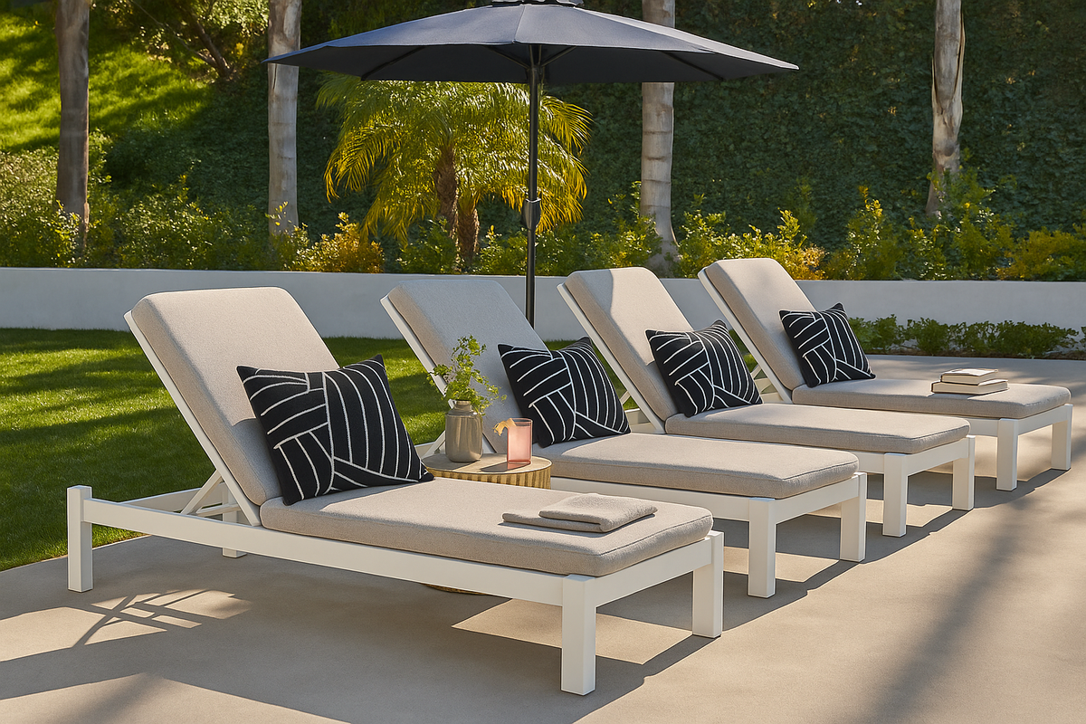 Four beige cushioned lounge chairs with black pillows featuring white geometric lines, arranged by a poolside under a dark umbrella with greenery in the background.