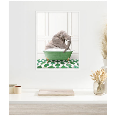 Sylvie Young Elephant in Eclectic Green Panel Wall Bathtub Framed Canvas by Amy Peterson