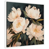 Framed canvas depicting four large painterly cream and blush peony flowers with green leaves on a dark moody background, showing a soft, elegant floral arrangement.