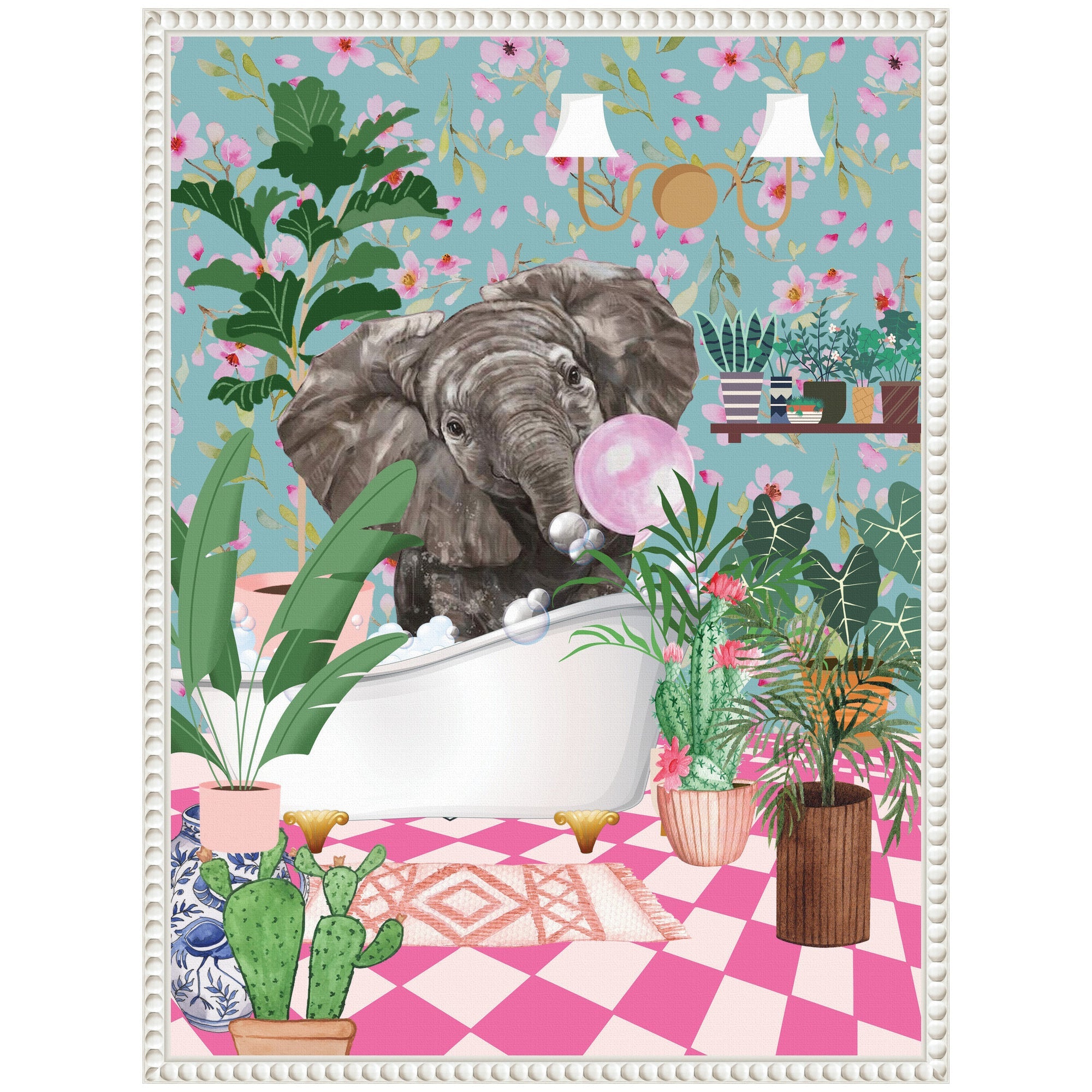 Sylvie Maximalist Bathroom Elephant Bubblegum Framed Canvas by Honey Island Studio