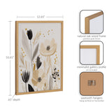 Muted floral print with beige, black, and gold flowers framed in a slim natural oak wood frame with gold finish, showing minimalist gallery profile and sawtooth hangers.