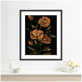 Framed floral painting featuring orange poppies with green leaves on a black background, displayed above a white surface with minimal decor.