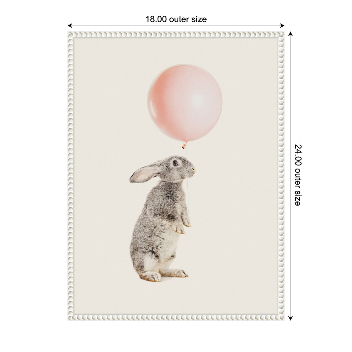 Illustration of a gray and white bunny balancing a light pink balloon on its nose against a cream background in a white beaded frame.