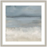 Abstract wall art with horizontal bands of muted blue and gray hues blending into creamy white textures, framed in a simple silver frame.