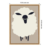Minimalist illustration of a white fluffy sheep with a black face and legs, wearing light blue glasses, on a taupe background in a wooden frame.