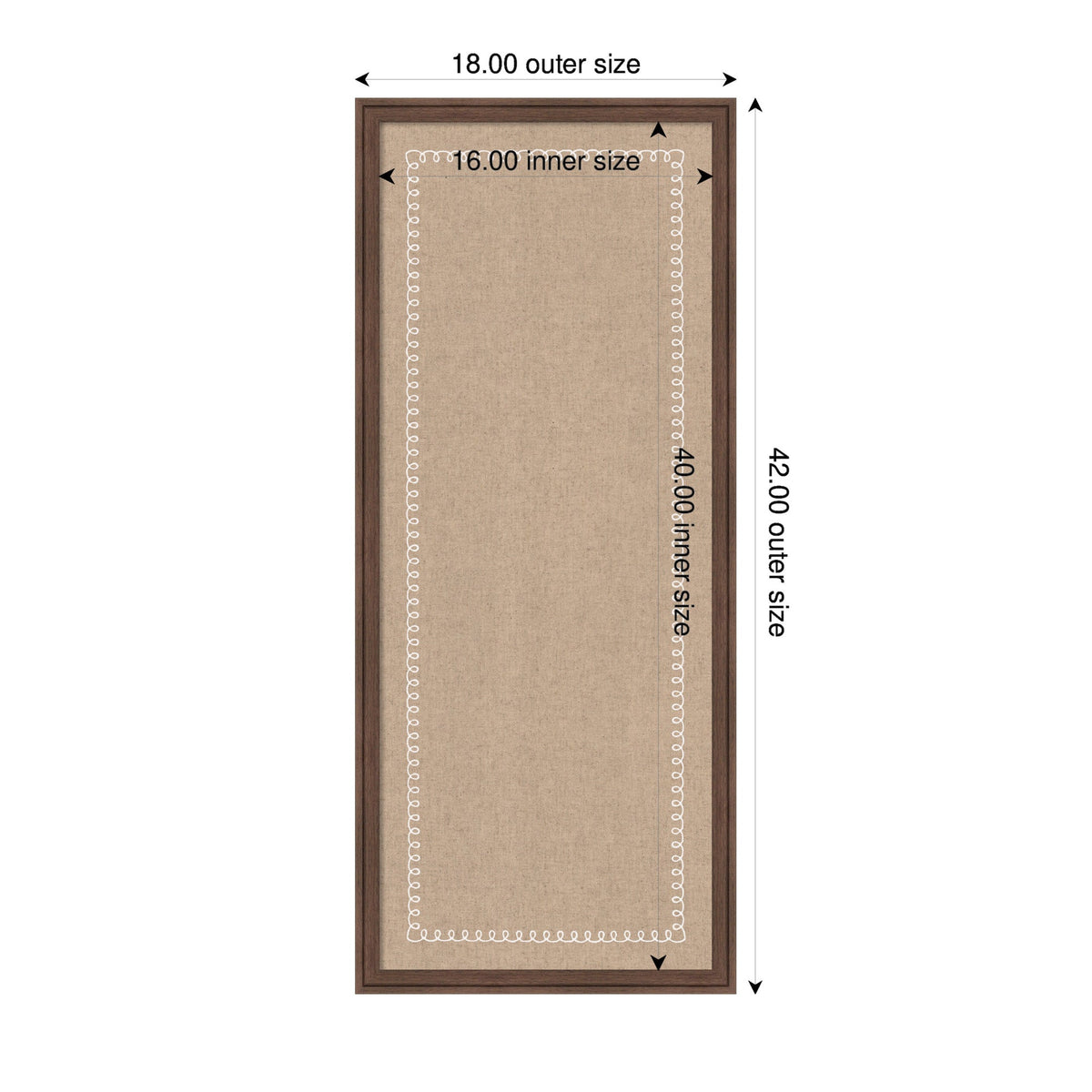 Rectangular runner rug illustration with beige center and white scalloped border, dark brown outer border, dimensions labeled 18x42 inches outer, 16x40 inches inner.