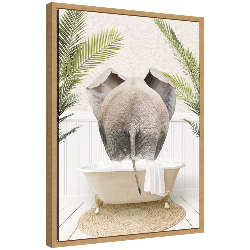 Sylvie Elephant Back in Palm Bathtub framed canvas art showing an elephant with palm leaves in the background