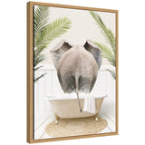 Sylvie Elephant Back in Palm Bathtub framed canvas art showing an elephant with palm leaves in the background