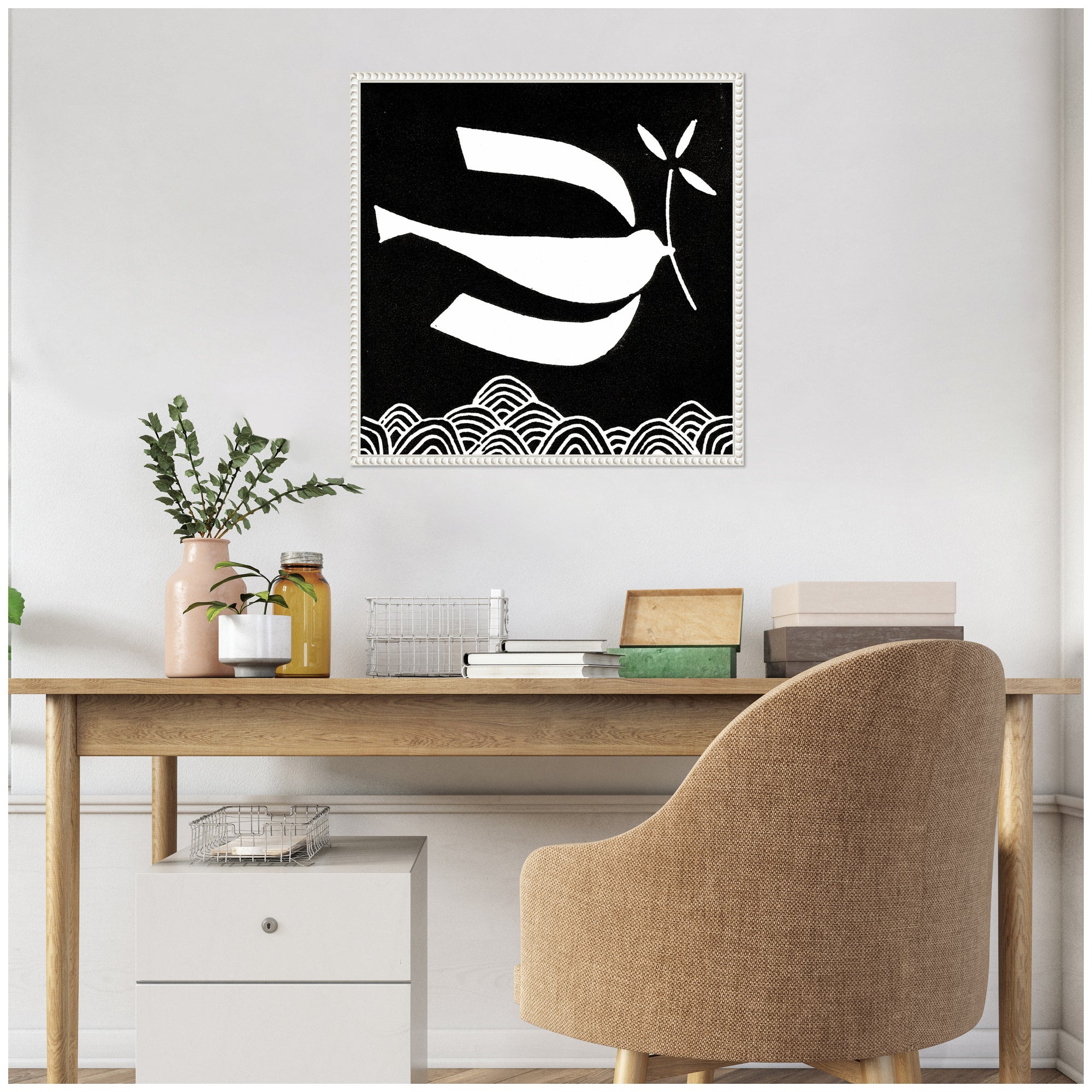 Sylvie Volare 2 Black and White Bird Linocut Framed Canvas by Giuliana Lazzerini