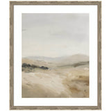Softly blended abstract landscape with muted beige and gray tones depicting rolling hills under a pale sky, framed with ornate light brown molding.