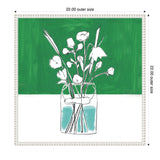 Simple black line drawing of white flowers and leaves in a clear vase with blue water, set against a two-tone green and white background framed by a textured white border.