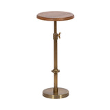 Adjustable plant stand with round walnut wood top and brass-finished metal base featuring a wingnut height adjustment mechanism.