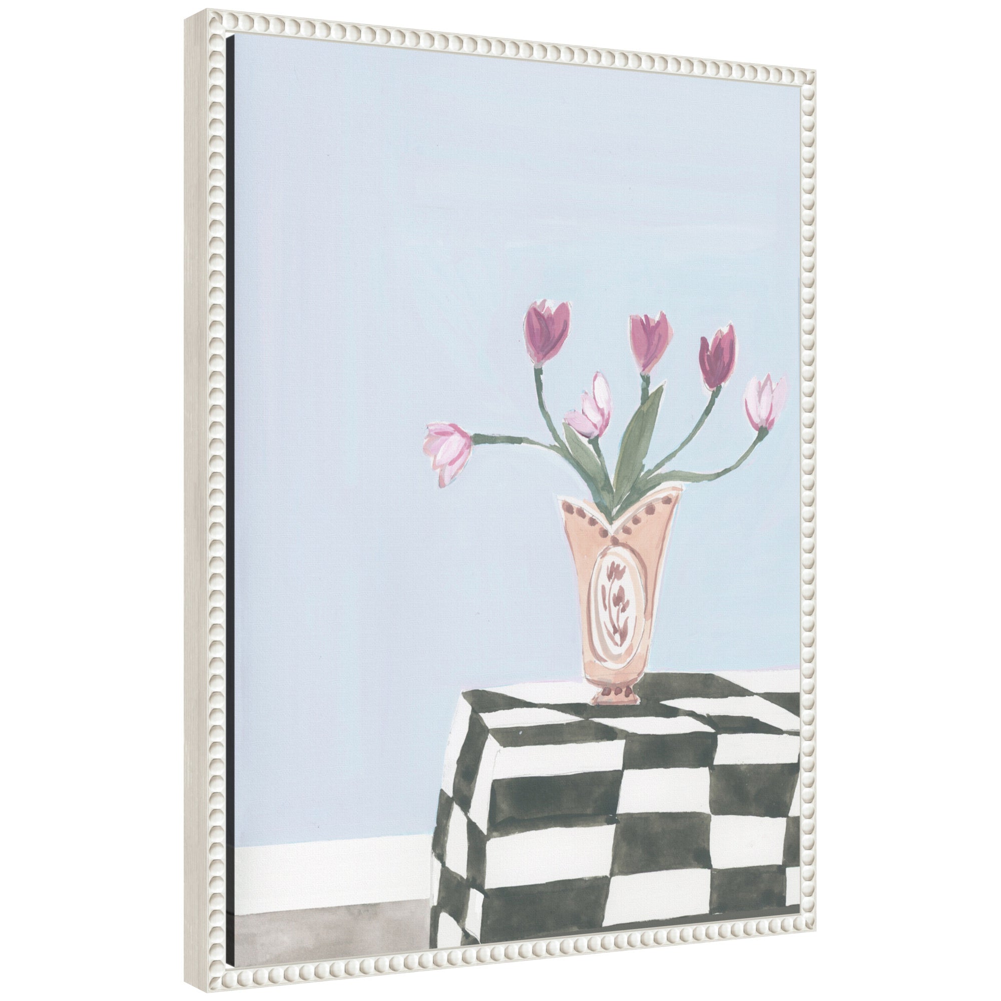 Framed canvas wall art print titled Painted Table by Teju Reval featuring a minimalist abstract table image in beaded white Sylvie frame