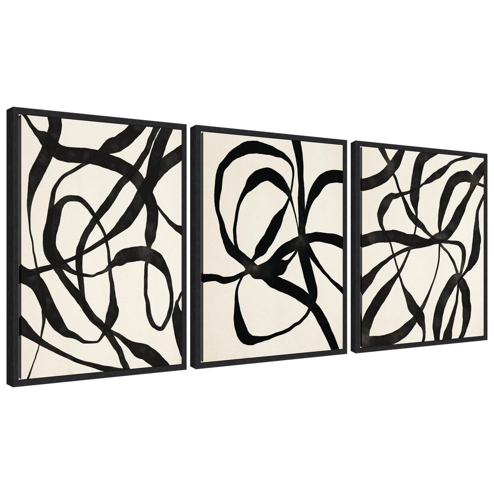 Sylvie Black Twist 1,3 and 4 framed canvas art set featuring abstract black and white designs with modern black frames