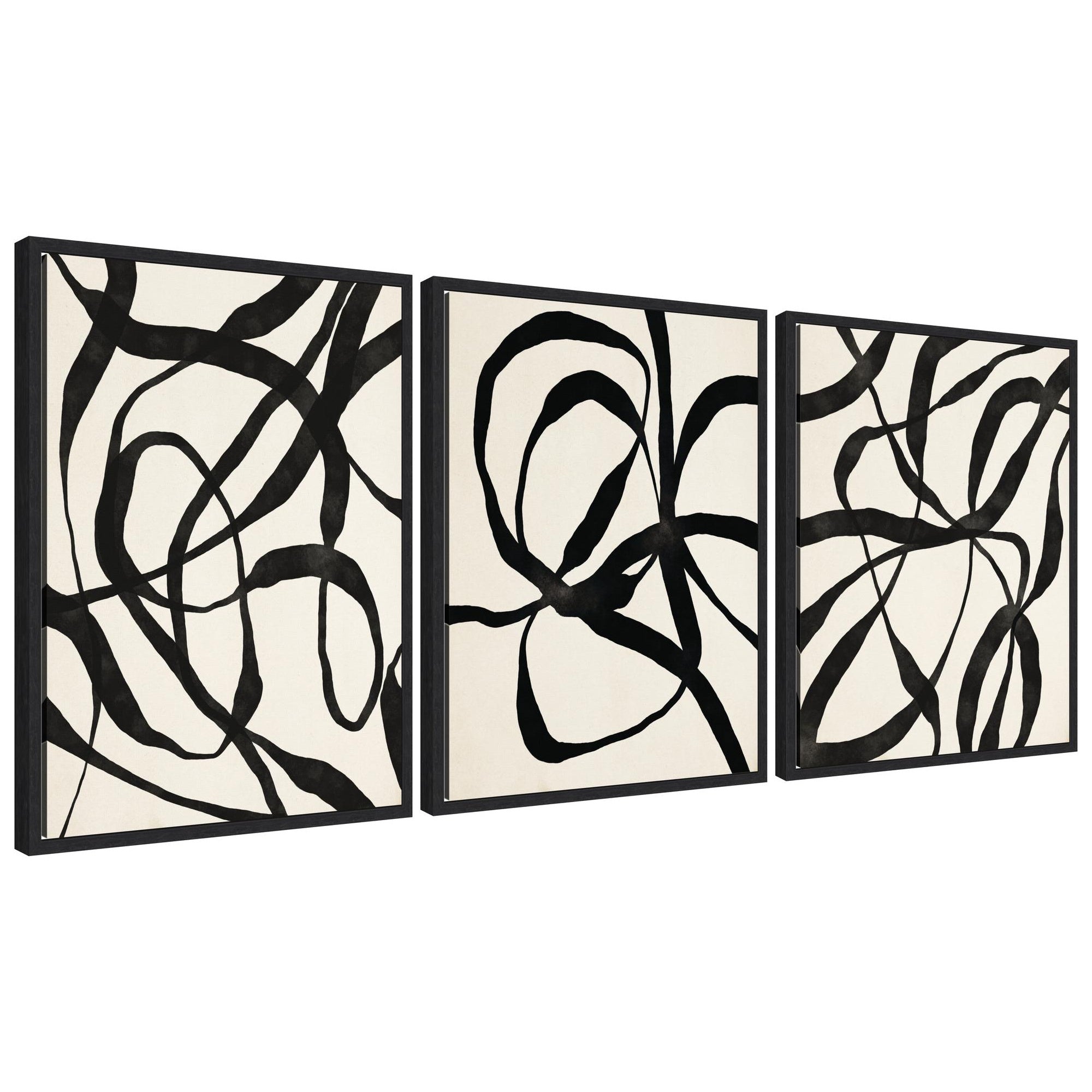 Sylvie Black Twist 1,3 and 4 framed canvas art set featuring abstract black and white designs with modern black frames