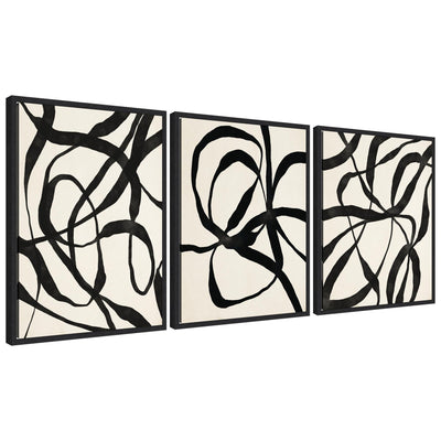 Sylvie Black Twist 1,3 and 4 framed canvas art set featuring abstract black and white designs with modern black frames
